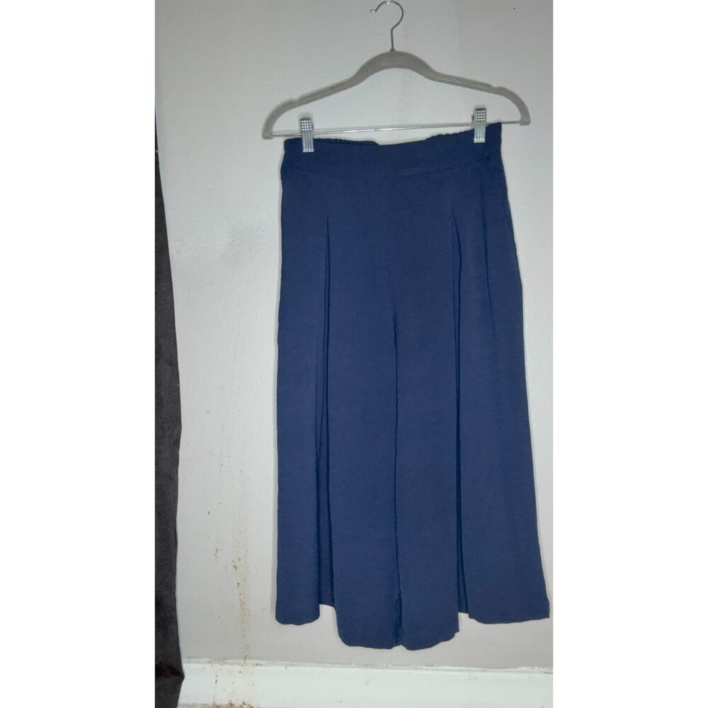 Women's Navy Blue Wide-Leg Cropped Pull-On Culotte Pants – Soft Knit-Size Small